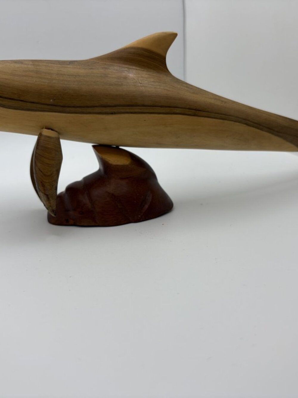 Hand Carved Wood Dolphin Figurine Two-Tone Brown Sculpture on Wave Base
